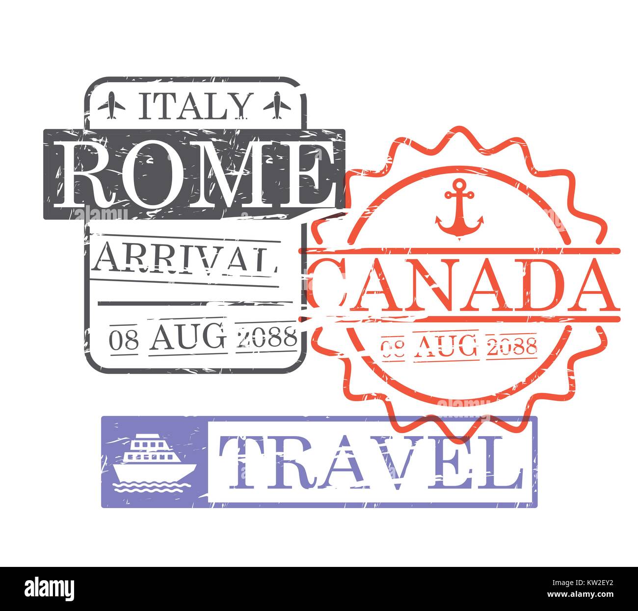 Arrivée navire billet stamps de Rome et le Canada en silhouette colorée Illustration de Vecteur