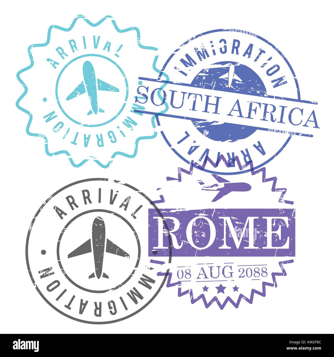 Immigration et voyage d'arrivée de rome et timbres circulaires en Afrique du Sud, en silhouette colorée Illustration de Vecteur