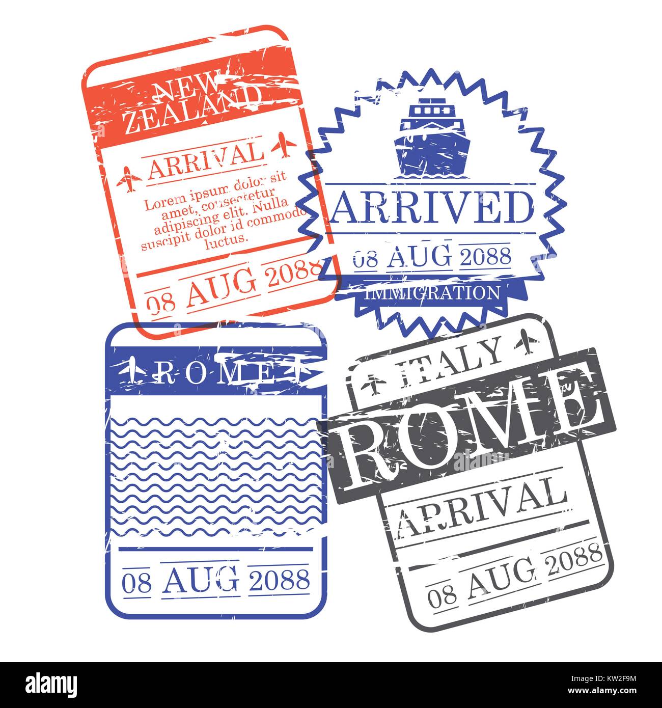 Avion et l'arrivée du navire square stamps de la Nouvelle-Zélande et à rome en silhouette colorée Illustration de Vecteur