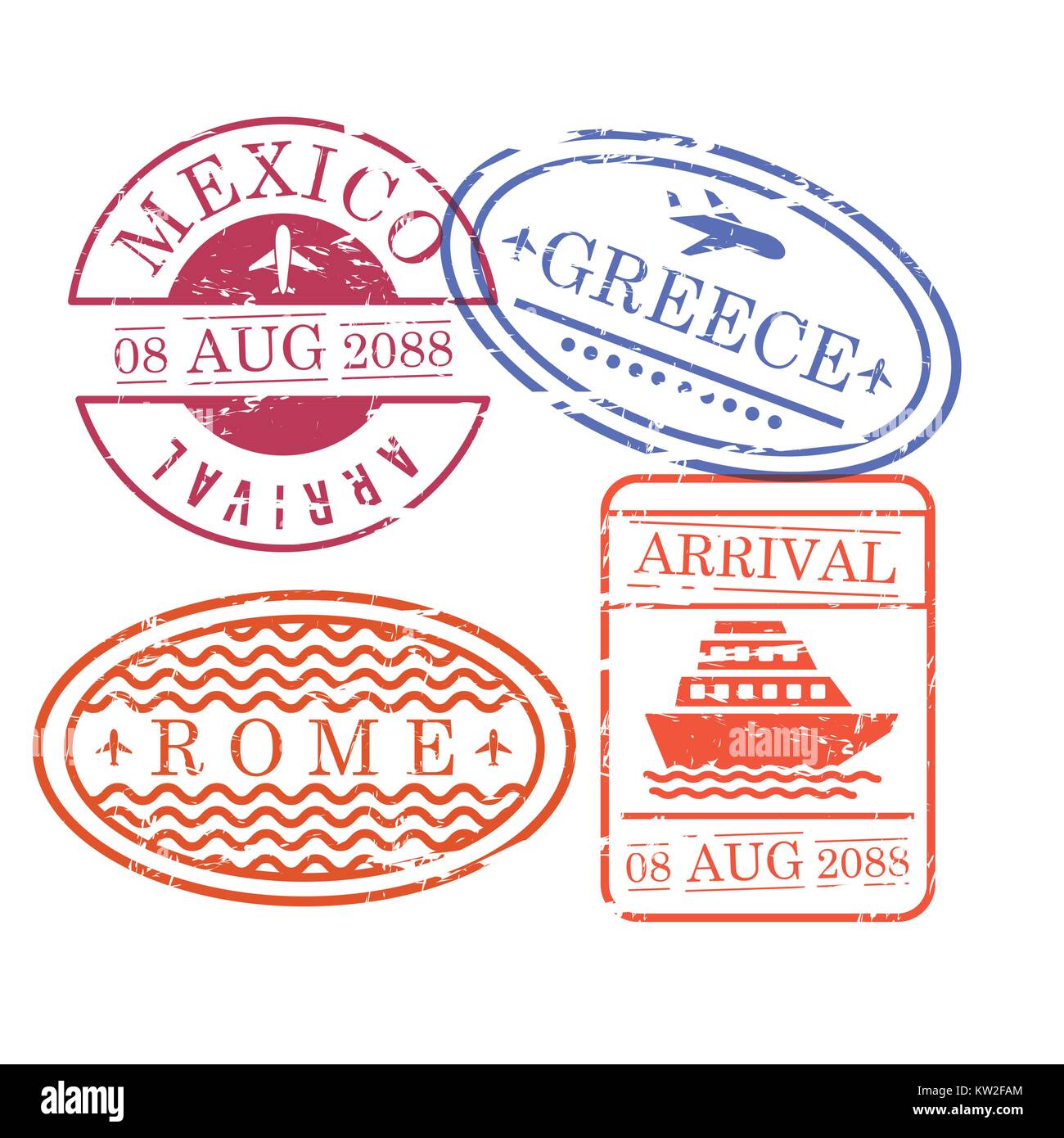 Billet d'avion et bateau de timbres dans la circulaire et ovale et forme rectangulaire du mexique la Grèce et Rome en silhouette colorée Illustration de Vecteur