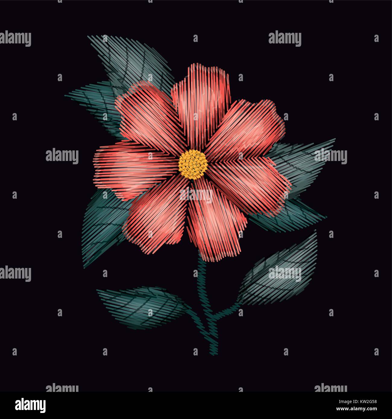 Géranium fleur plante colorée en broderie fond noir Illustration de Vecteur