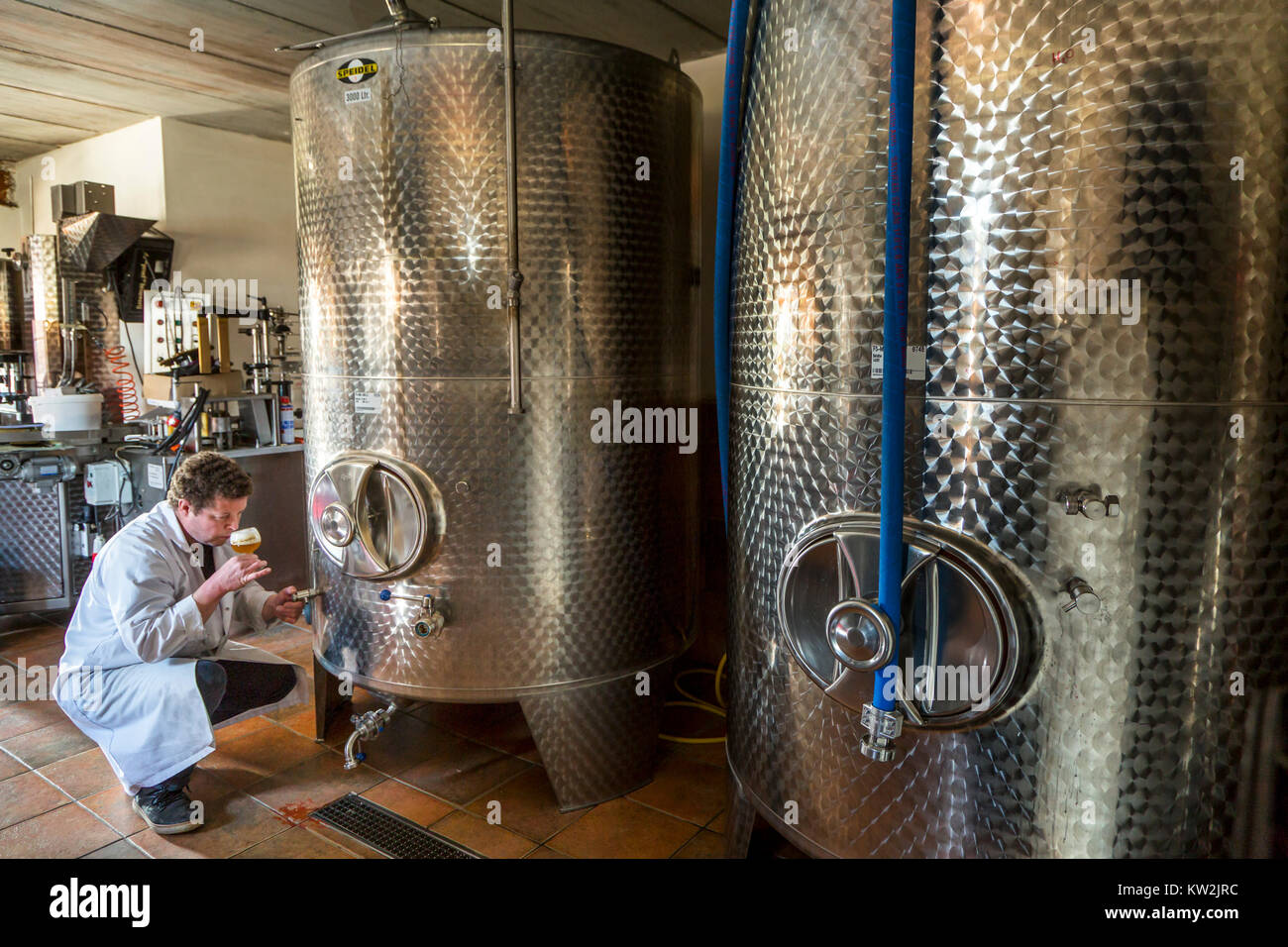 Brasseur de bière de dégustation en flamand / microbrasserie craft brewery Sint-Canarus dans le village Gottem, Deinze, Flandre orientale, Belgique Banque D'Images