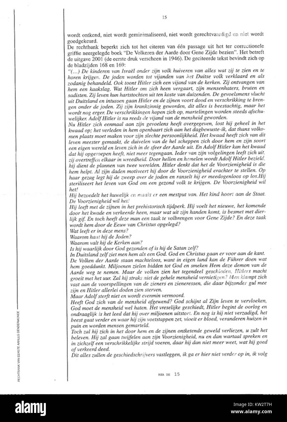 Un document juridique de la Cour de justice de Dendermonde de Belgique, traitant des allégations de racisme et de négationnisme, reflétant le rôle des systemâ judiciaires dans le traitement de ces questions. Banque D'Images