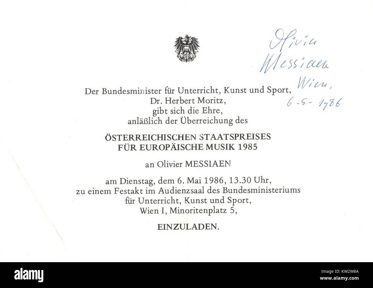 Olivier Messiaen, compositeur et ornithologue français de renom, a reçu le Staatspreis en 1985. Cet autographe est la signature de sa reconnaissance dans le monde de la musique classique. Banque D'Images