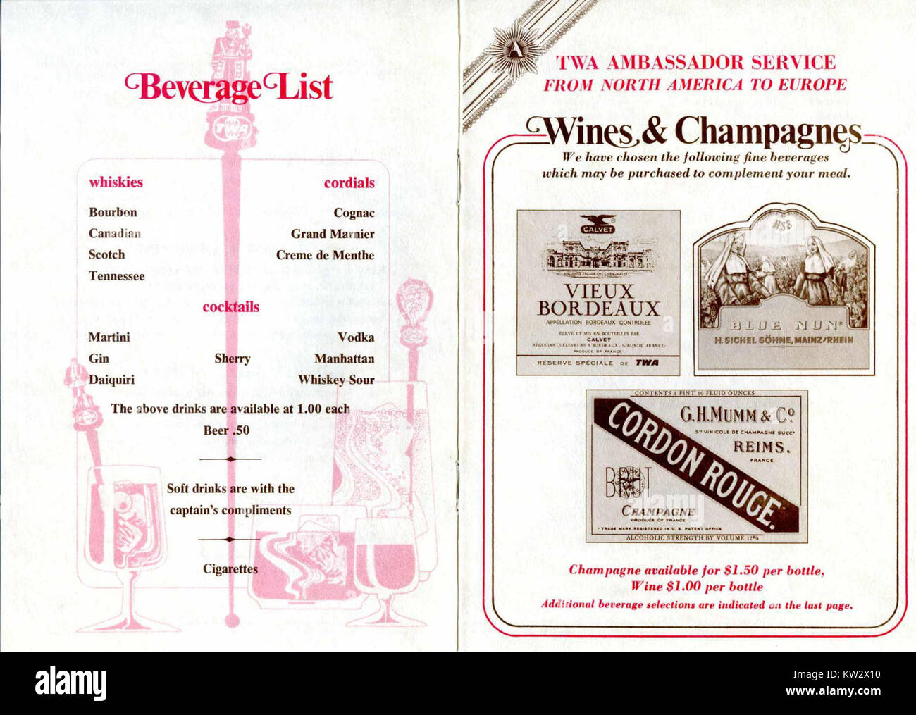 Trans World Airlines 03 menu boissons Banque D'Images