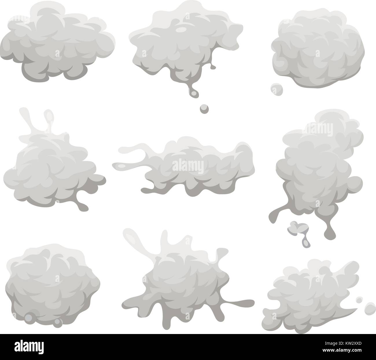 Illustration d'un ensemble de dessins des nuages gris, fumée, explosion, explosion, éclaboussure et icônes de brouillard Illustration de Vecteur