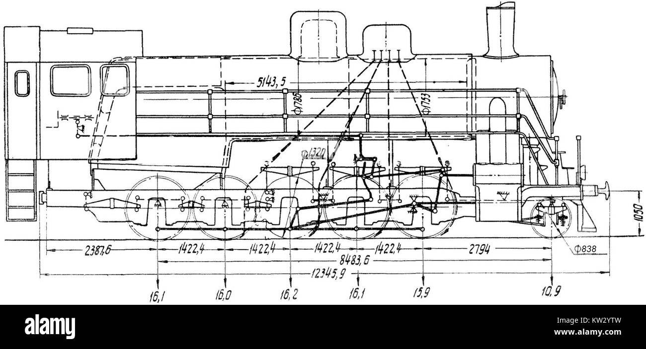 Une représentation d'une locomotive de la série 'Parovoz El', montrant probablement sa taille et ses caractéristiques. Cette image met en évidence l'ingénierie et la conception de la locomotive, ainsi que son rôle dans l'histoire du transport. Banque D'Images