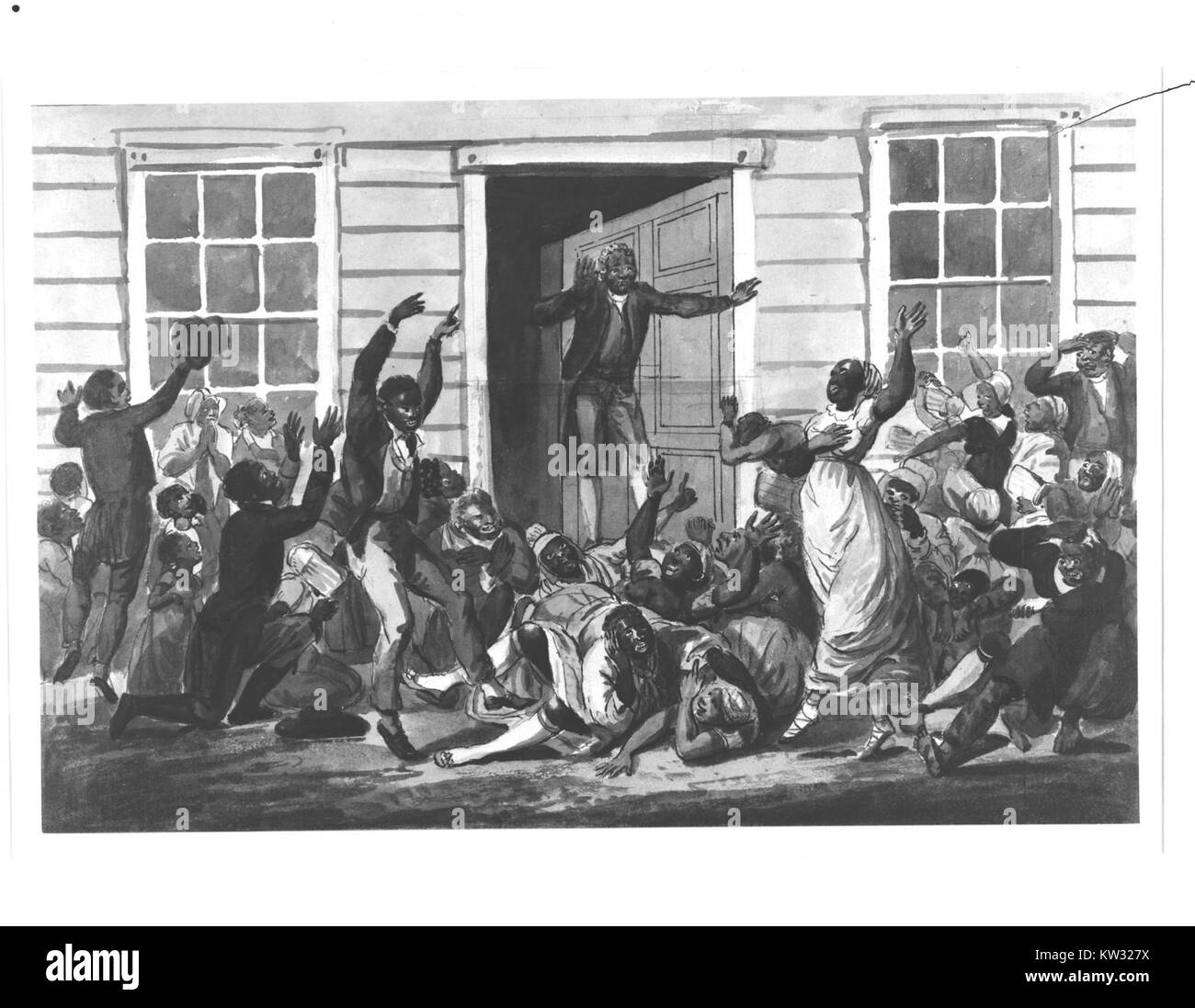 Le tableau « Black Methodists Holding a Prayer Meeting » est une œuvre d'art représentant une scène importante de l'histoire religieuse afro-américaine, qui fait maintenant partie de la collection MET. Banque D'Images