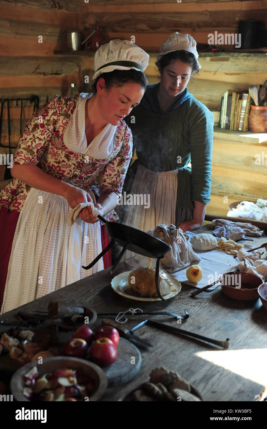 USA Virginia VA Yorktown coloniale deux interprètes historiques préparer un pouding figgy pour repas de vacances d'hiver Banque D'Images