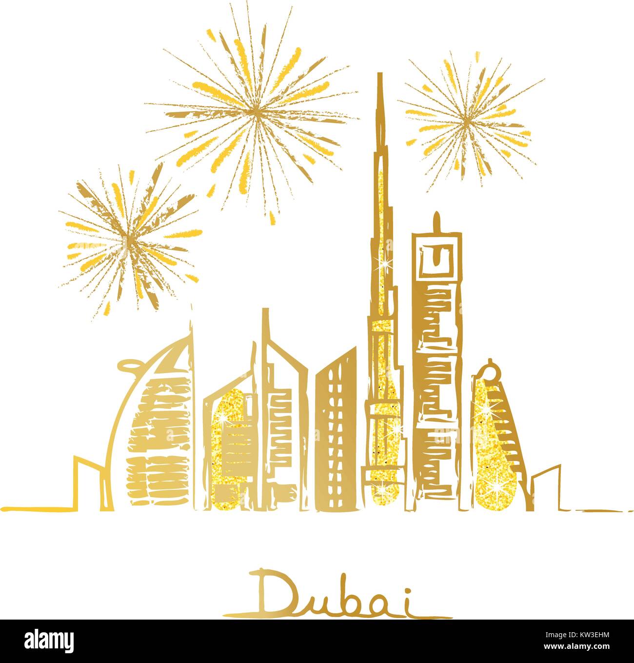 Dubaï cityscape with skyscrapers et points de repère et d'artifice dans le ciel l'illustration vectorielle. Paillettes d'or. Illustration de Vecteur