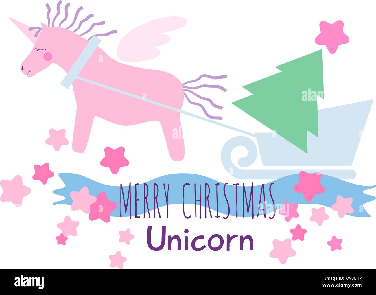 Licorne ailée rose violet avec cheval crinière et queue tire un traîneau avec un arbre de Noël. Maison de vacances Carte de vœux. Illustration de Vecteur
