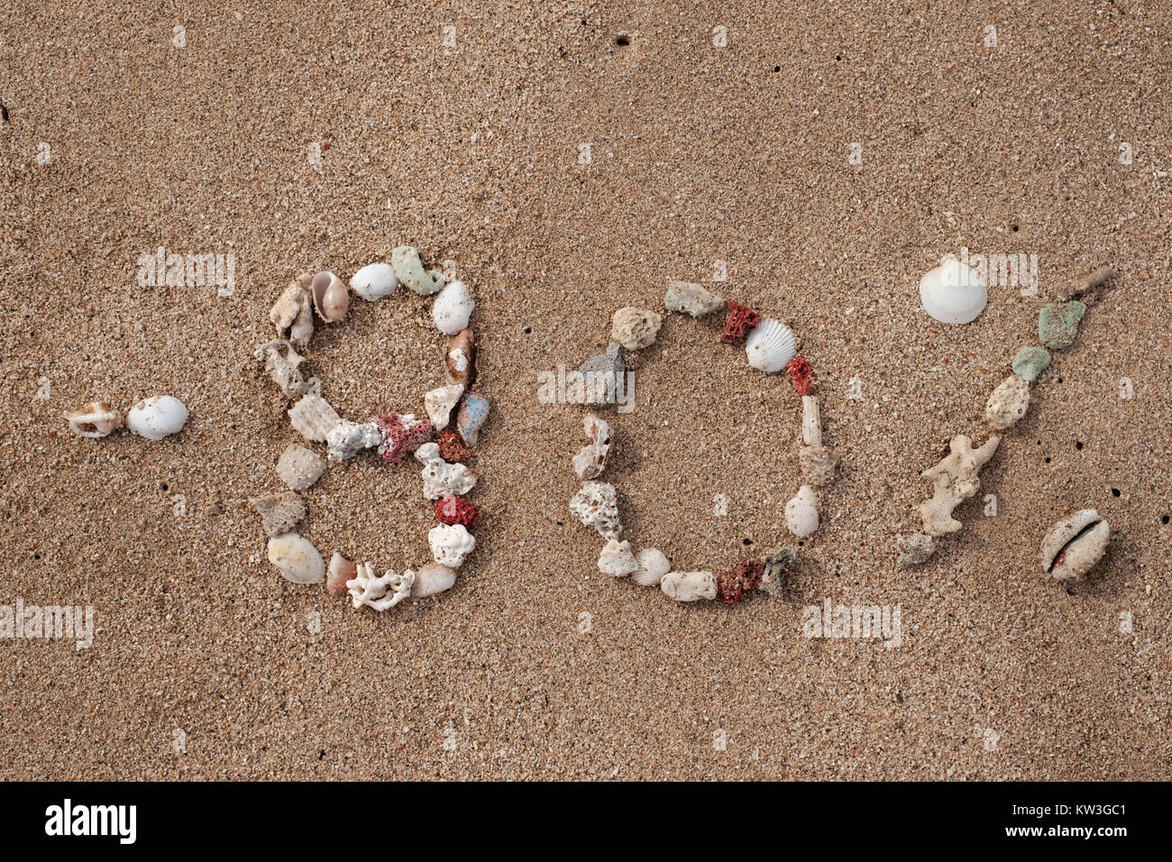Texte 80 pour cent sur le sable fait de shell sur la mer. Concept pour big sales ou le black friday Banque D'Images