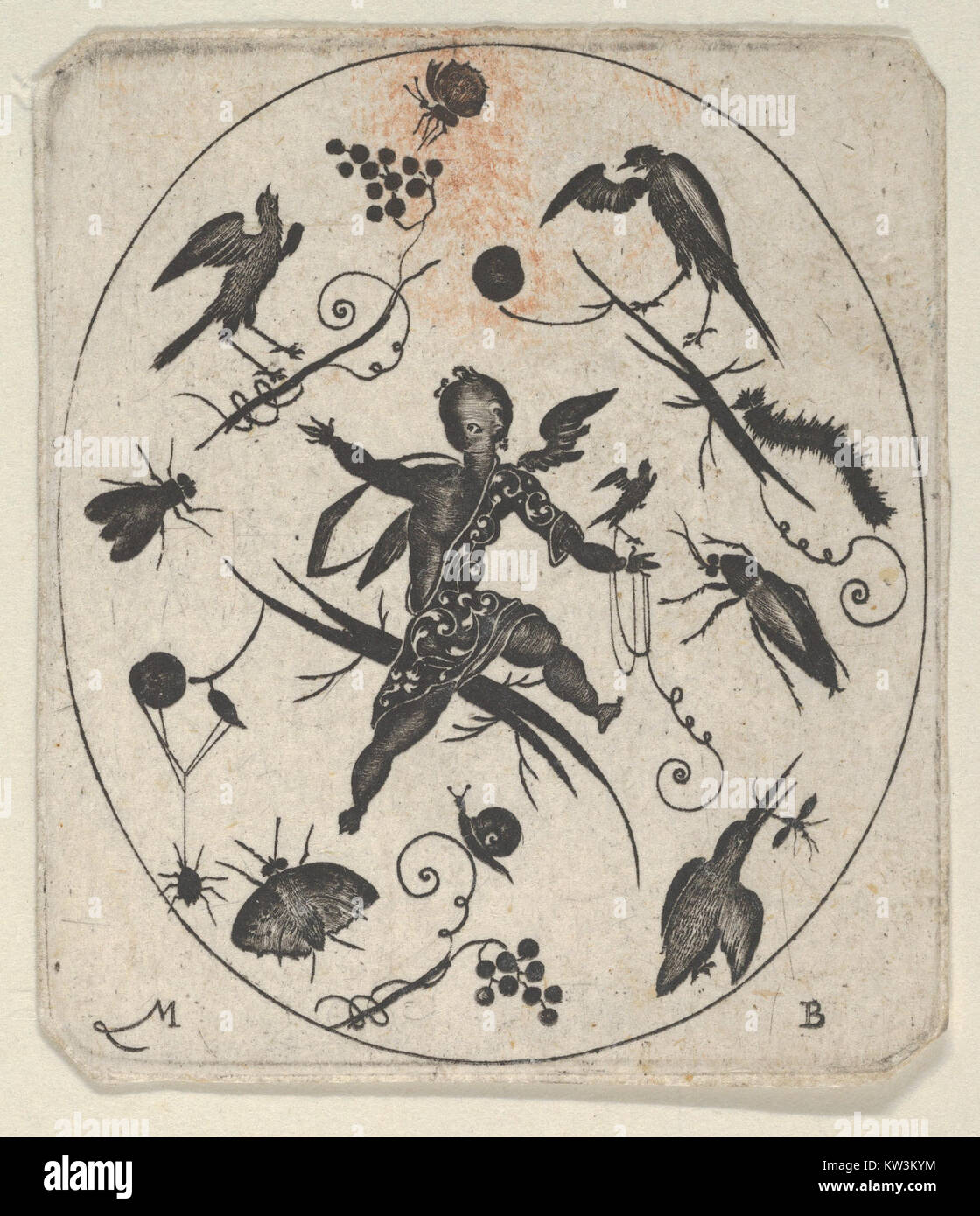 Un dessin de blackwork destiné à l'orfèvrerie, mettant en vedette un putto (chérubin), des oiseaux et des insectes. Cette conception complexe, tenue au MET, met en évidence les techniques artistiques utilisées dans les arts décoratifs du XVIe siècle Banque D'Images
