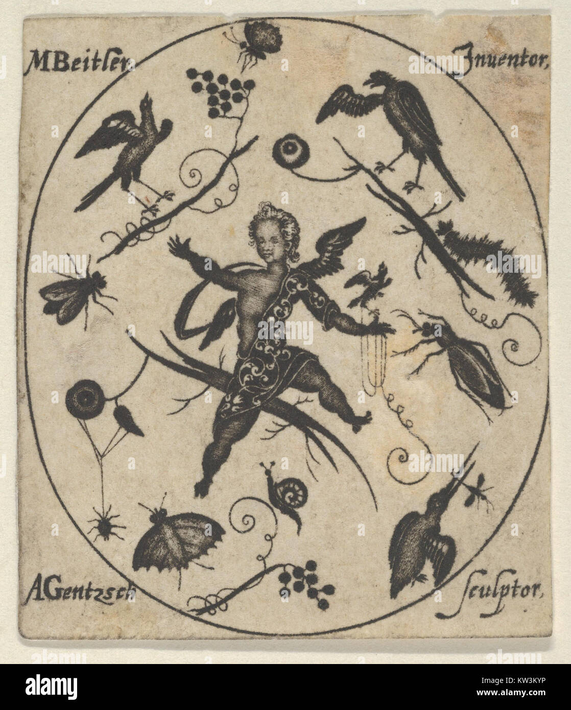 Cette conception de blackwork pour l'orfèvrerie comprend un putto, des oiseaux et des insectes, mettant en valeur des détails complexes dans décoratifs intégrés La conception reflète un accent mis sur l'artisanat fin et les caractéristiques ornementales utilisées dans les bijoux ou la métallurgie. Banque D'Images