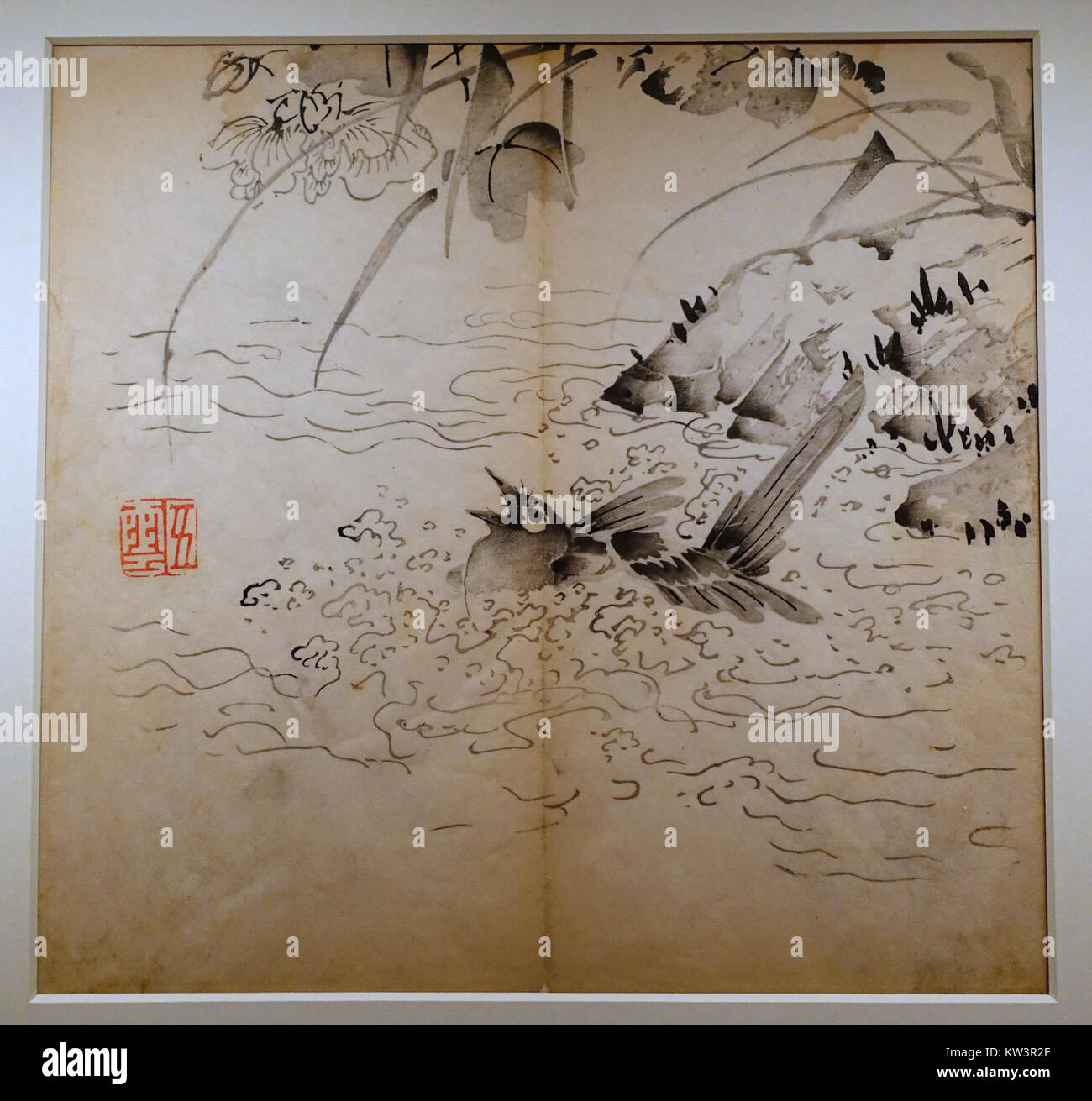 Cette estampe sur bois de la collection de calligraphie et de peinture des dix bambous, éditée par Hu Zhengyan, représente le bain d'oiseaux. Créée en 1633 à Nanjing, en Chine, cette pièce reflète la compétence de la gravure sur bois chinoise et la représentation artistique de la nature. Banque D'Images