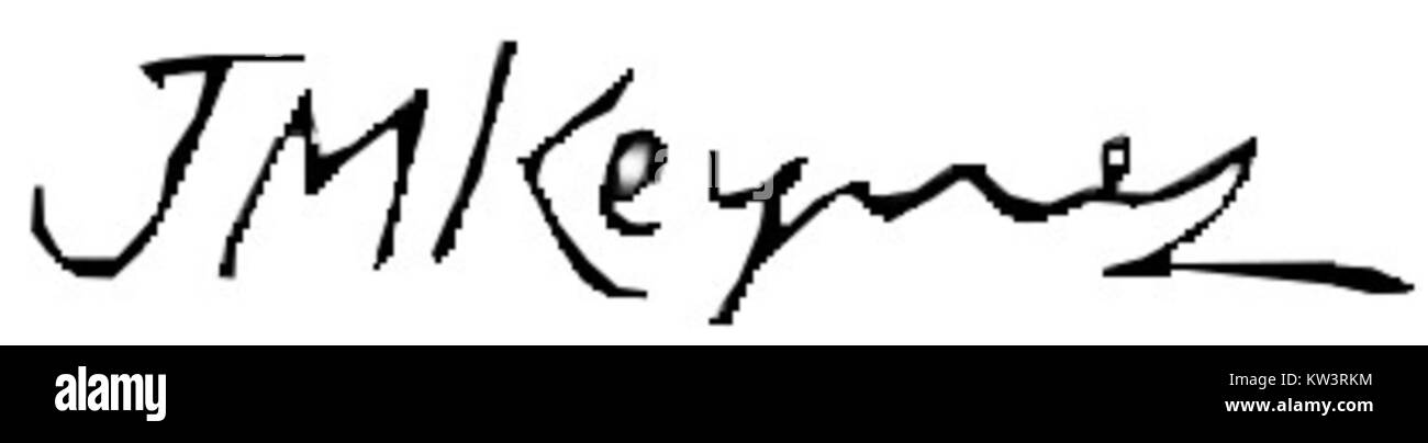 La signature de John Maynard Keynes, économiste britannique renommé connu pour ses contributions à la macroéconomie et à la théorie économique. Le travail de Keynes a révolutionné la pensée et la politique économiques, en particulier ses idées sur l'intervention du gouvernement pendant les récessions. Banque D'Images