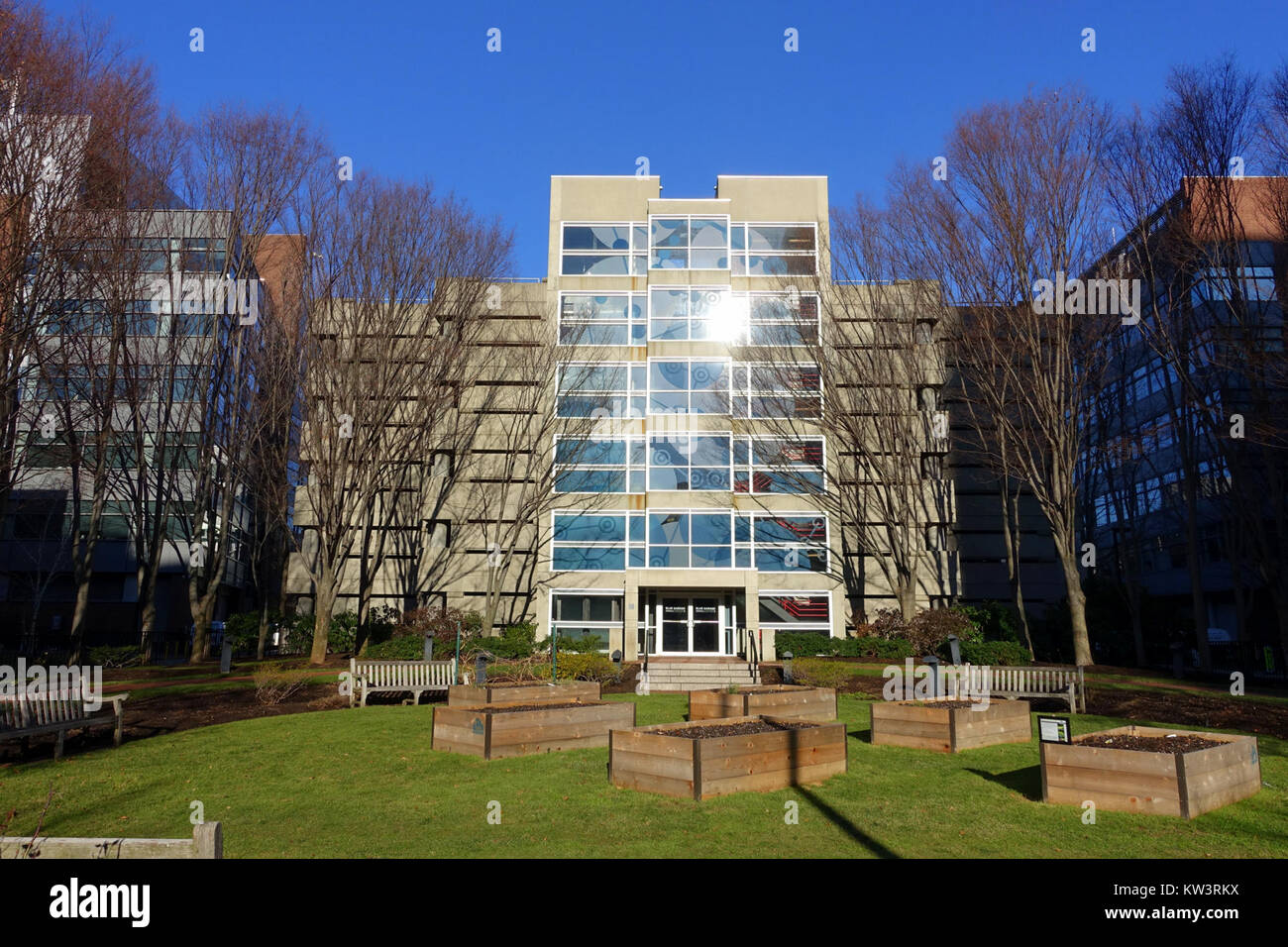 Cette photographie capture le garage bleu du Kendall Center à Cambridge, ma, mettant en valeur la conception architecturale moderne et l'environnement urbain de la région. Banque D'Images