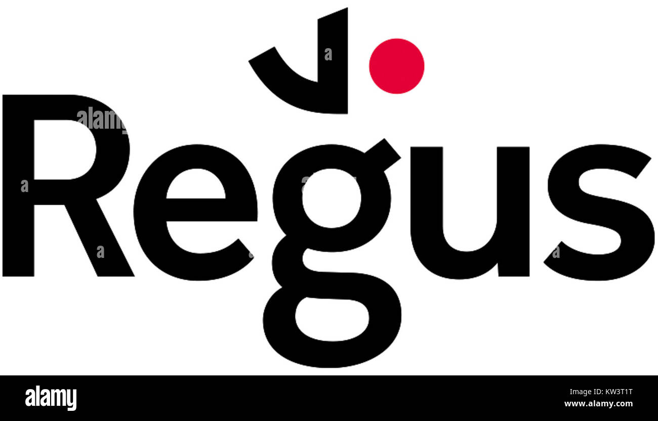 Le logo Regus représente l'identité de la marque dans un style moderne et professionnel. Le logo utilise des éléments de couleur RVB, reflétant l'approche de l'entreprise en matière d'innovation et de professionnalisme. Banque D'Images