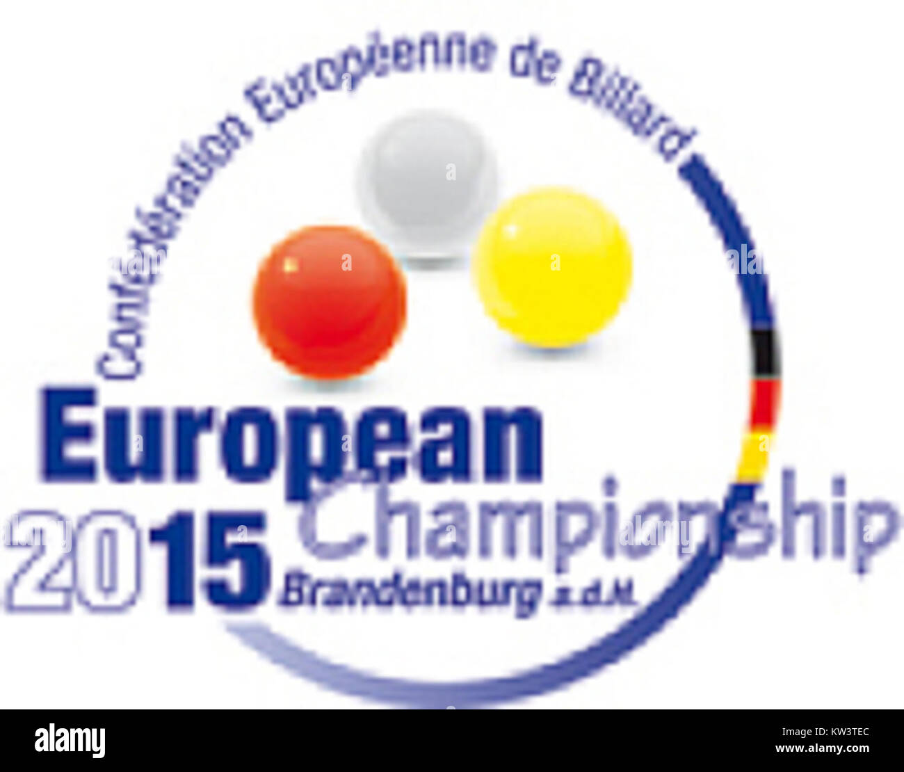 Le logo EM 2015 Carambolage Brandenburg Havel fait référence à un tournoi carambolage (billard) qui s'est tenu à Brandenburg Havel, Allemagne, en 2015. L'événement faisait partie du Championnat d'Europe annuel à carambolage. Banque D'Images