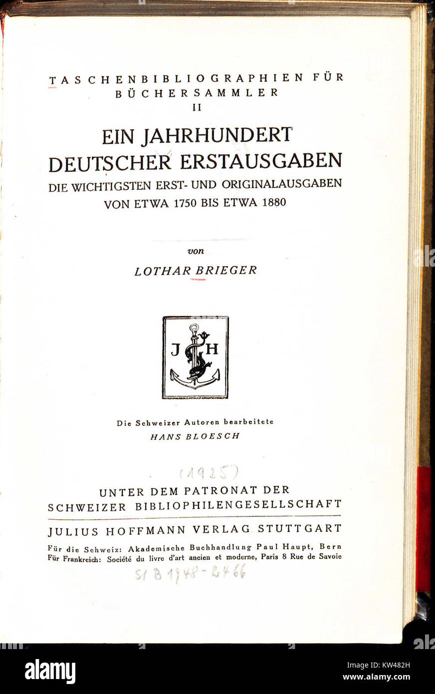 Une entrée de catalogue pour les 1925 premières éditions des œuvres de Lothar Brieger, détaillant les titres originaux et les informations de publication. Banque D'Images