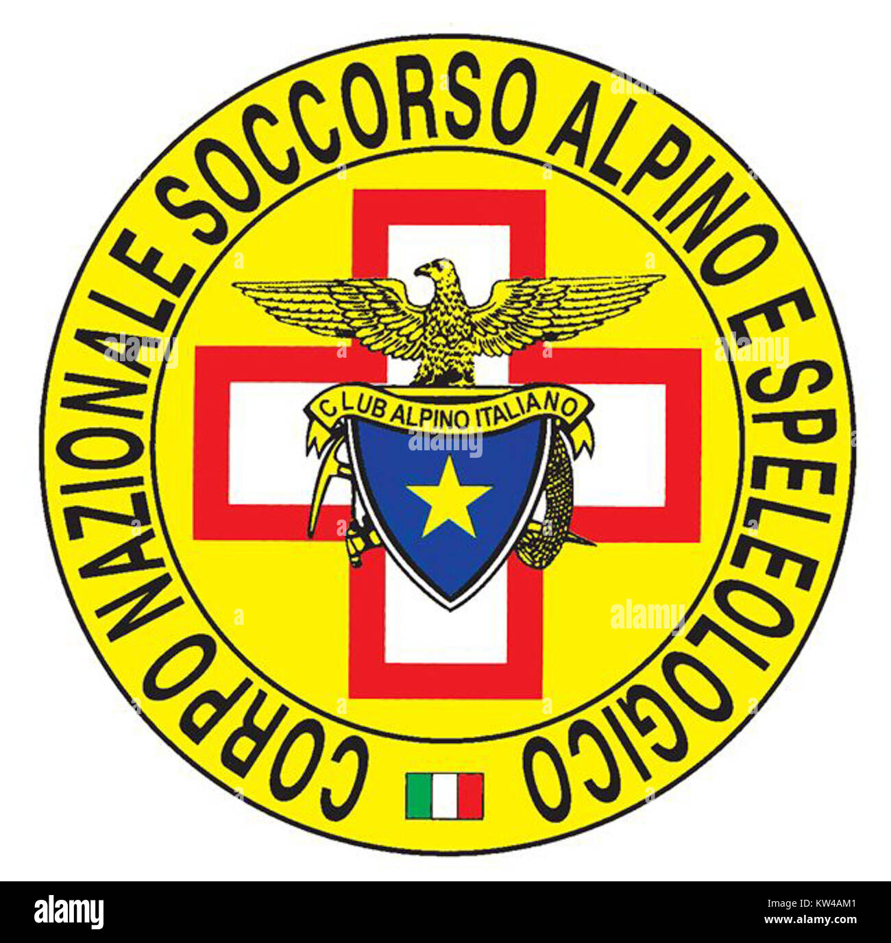 Le logo Soccorso Alpino représente le service italien de secours alpin, une organisation spécialisée qui fournit des services d'urgence dans les montagnes d'Italie. Il est reconnu pour son rôle dans les opérations de sauvetage en montagne. Banque D'Images