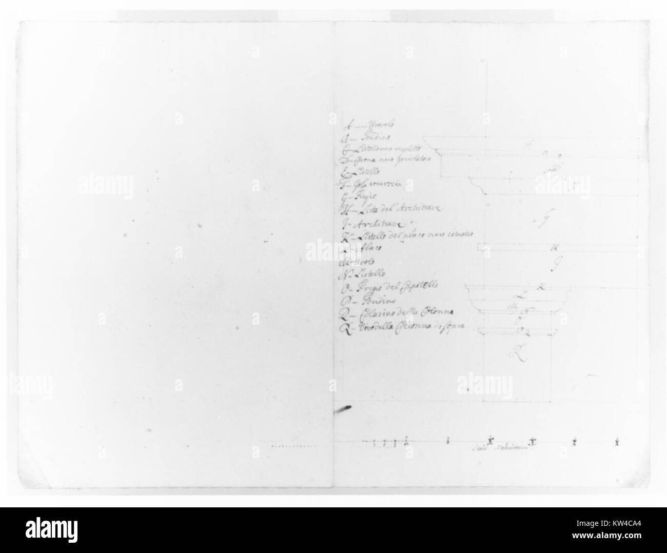 Ce dessin architectural montre les élévations détaillées d'une colonnade conçue dans l'ordre dorique ou toscan. Le dessin met en évidence les proportions et les techniques de construction utilisées dans l'architecture classique. Banque D'Images