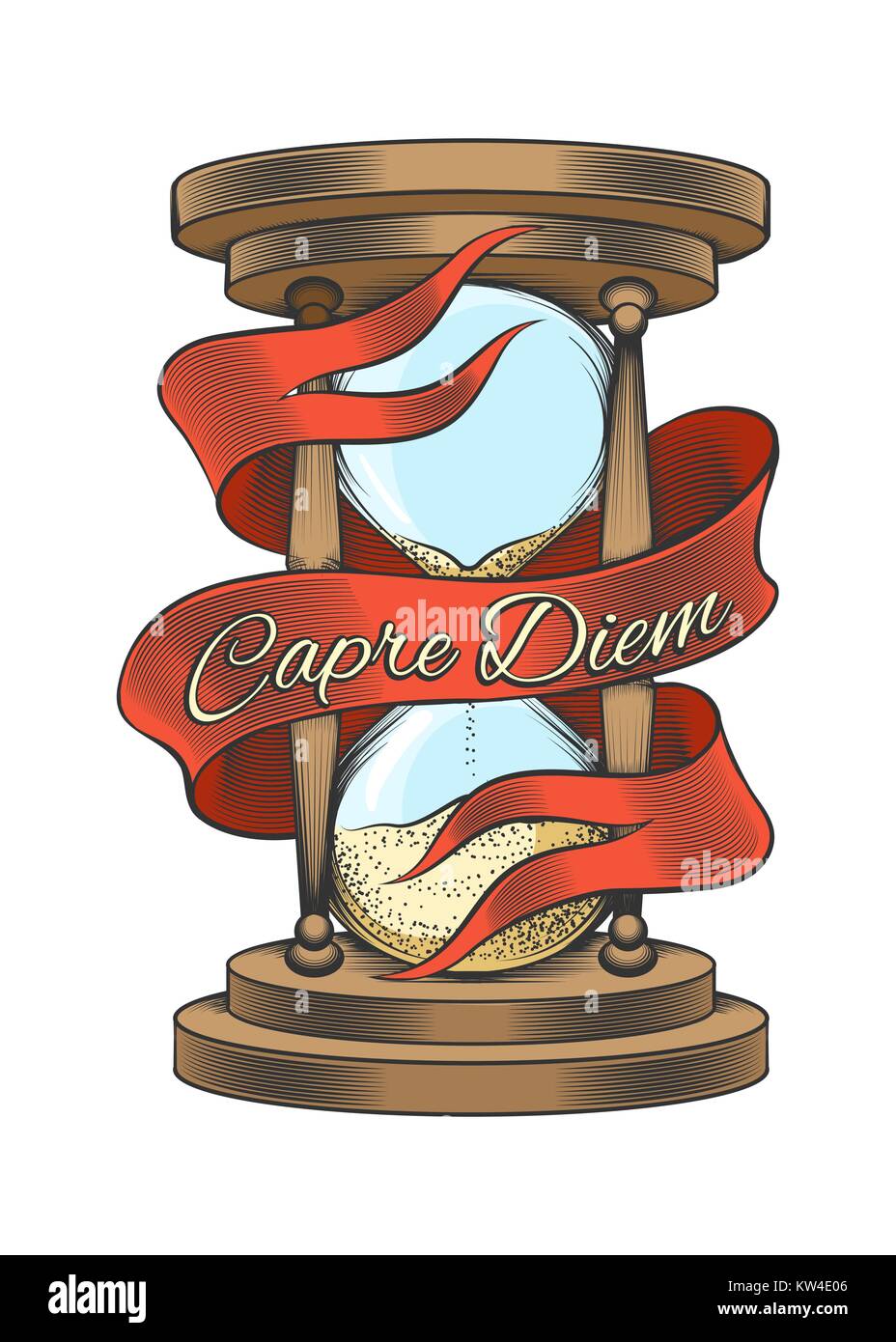 Hourglass avec ruban et libellé Capre diem signifie profiter de la journée. Colorful hand drawn vector illustration dans le style gravure isolated on white background Illustration de Vecteur