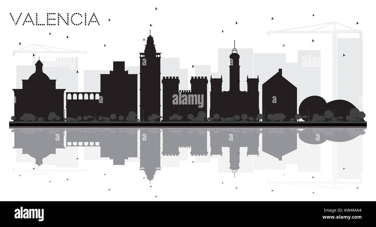 Valencia Espagne City skyline silhouette noir et blanc avec des reflets. Vector illustration. Concept de voyages d'affaires. La ville de Valence Illustration de Vecteur