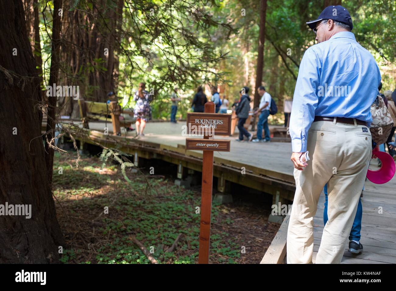 Un touristes passe devant un panneau pour Fondateurs Grove qui encourage les visiteurs à être calme à Muir Woods National Monument, Mill Valley, Californie, le 5 septembre 2016. Banque D'Images