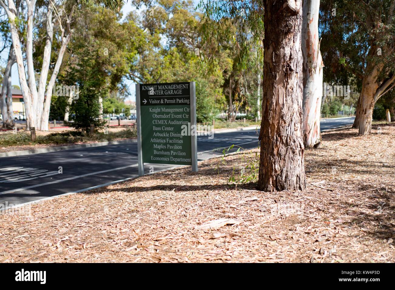 Un signe à côté d'une rue à sens unique dirige les conducteurs à différents bâtiments sur le campus de l'Université de Stanford, Californie, le 3 septembre 2016. Banque D'Images
