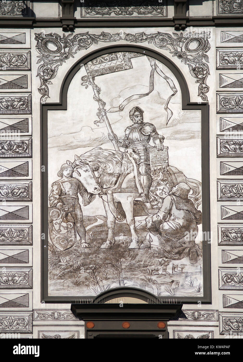 Fresque de Knight sur maison historique à Prachatice Banque D'Images