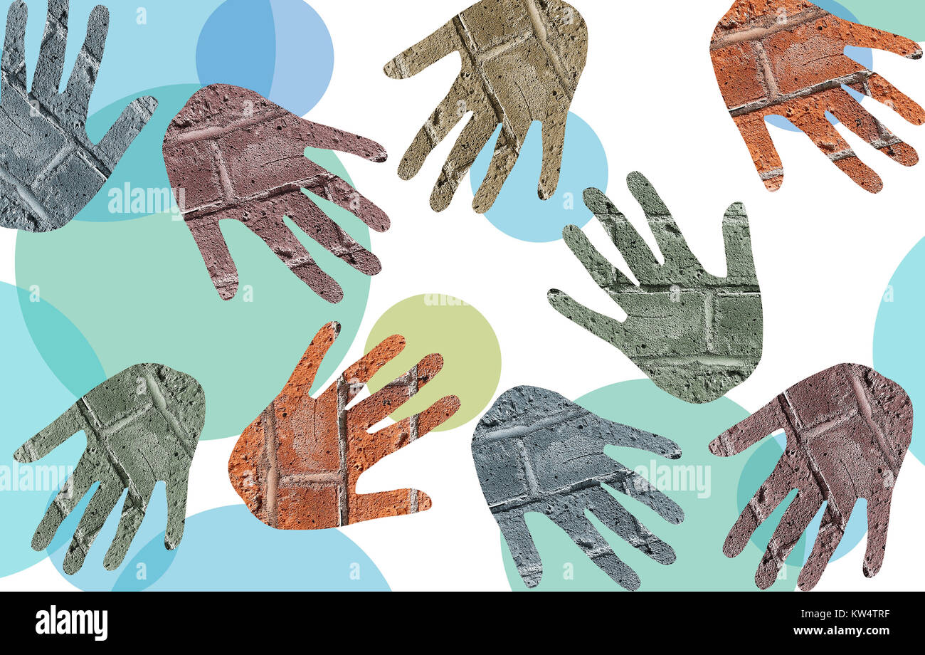 Imprime la main de brique dans couleurs assorties sur fond funky Banque D'Images