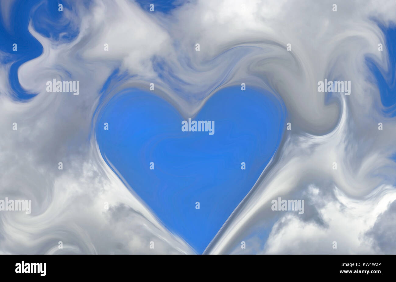 L'AMOUR EST DANS L'AIR - Coeur découpé en blanc duveteux nuages dans un ciel bleu Banque D'Images L'AMOUR EST DANS L'AIR - Coeur découpé en blanc duveteux nuages dans un ciel bleu Banque D'Images