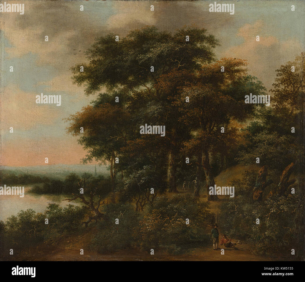 Le tableau 'Boomrijk landschap' d'un artiste inconnu fait partie de la collection Rijksmuseum, représentant un riche paysage forestier. Banque D'Images