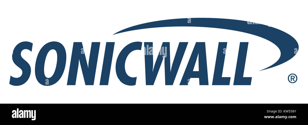 SonicWALL est une société de cybersécurité spécialisée dans les produits de sécurité réseau. Leur logo représente l'accent mis par la marque sur la protection des réseaux et des données. Banque D'Images