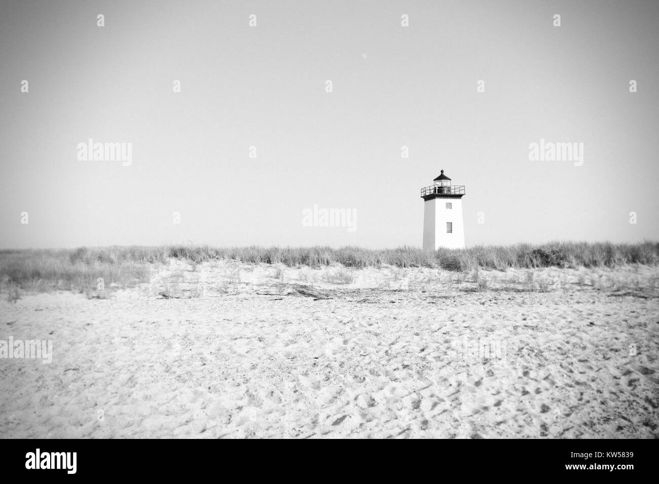 Cette photographie en noir et blanc capture la beauté naturelle d'une dune de plage. L'image monochrome souligne la texture du sable et la vaste ouverture du paysage. Banque D'Images