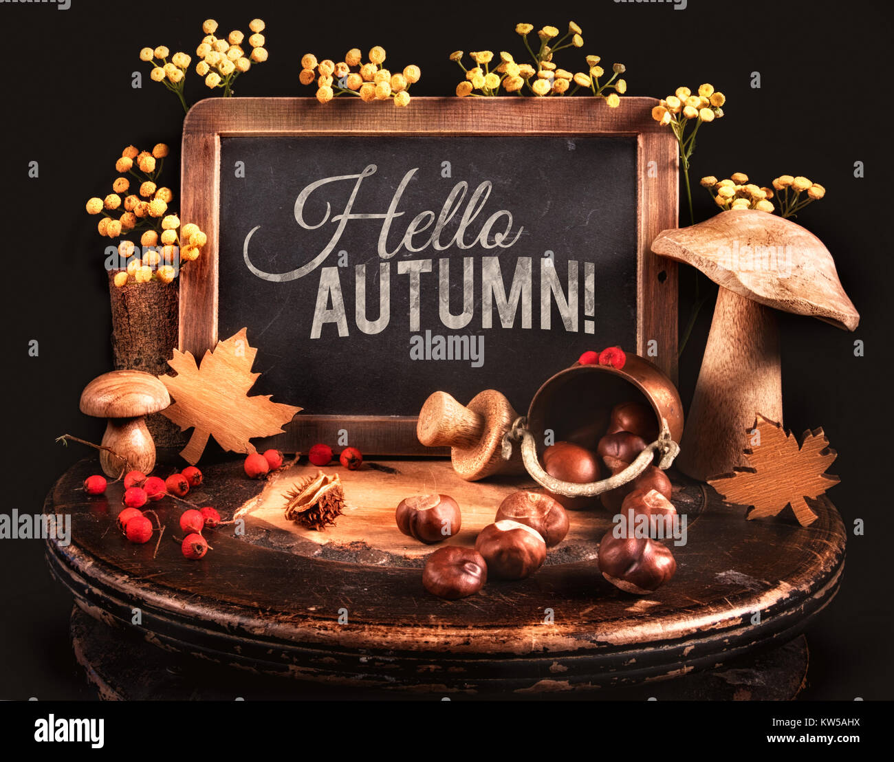 Toujours sur la vie de l'automne noir avec les champignons, les baies, les feuilles d'automne et le texte 'Bonjour' sur un tableau. Cette image est tonique. Banque D'Images