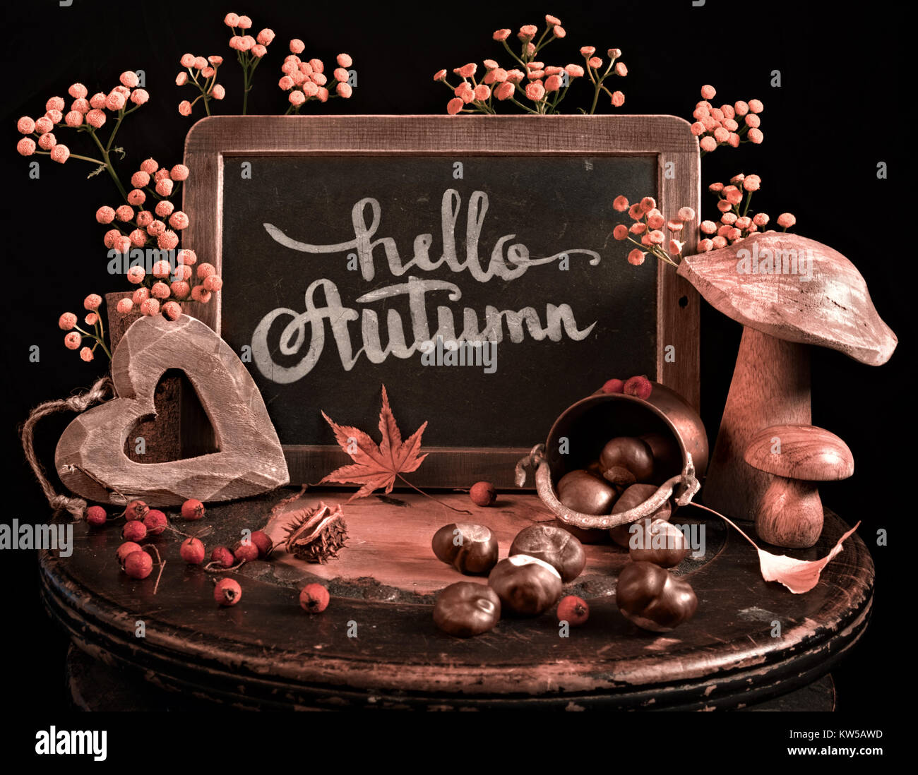 Toujours sur la vie de l'automne noir avec les champignons, les baies, les feuilles d'automne et la légende 'Bonjour' sur un tableau. Cette image est tonique. Banque D'Images