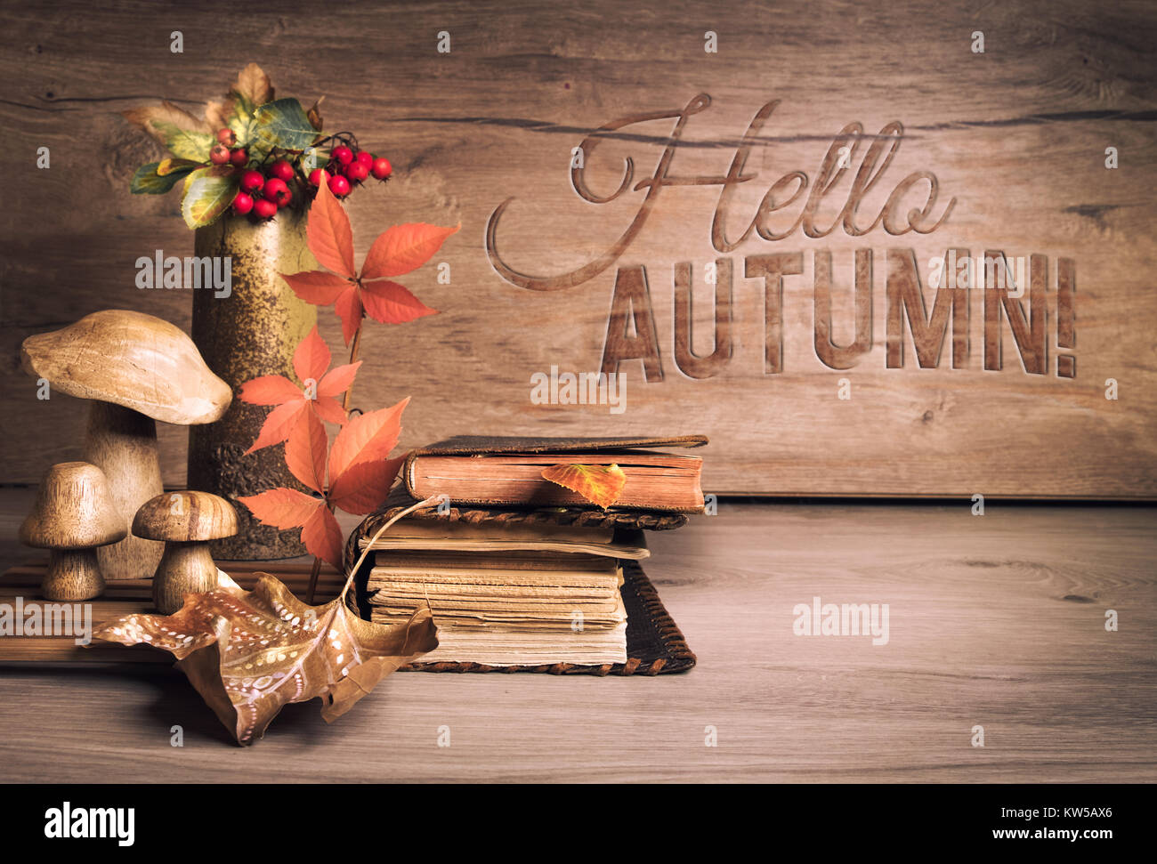 Les vieux livres de l'automne, les décorations sur bois, légende "Bonjour l'automne !'. Cette image est tonique. Banque D'Images