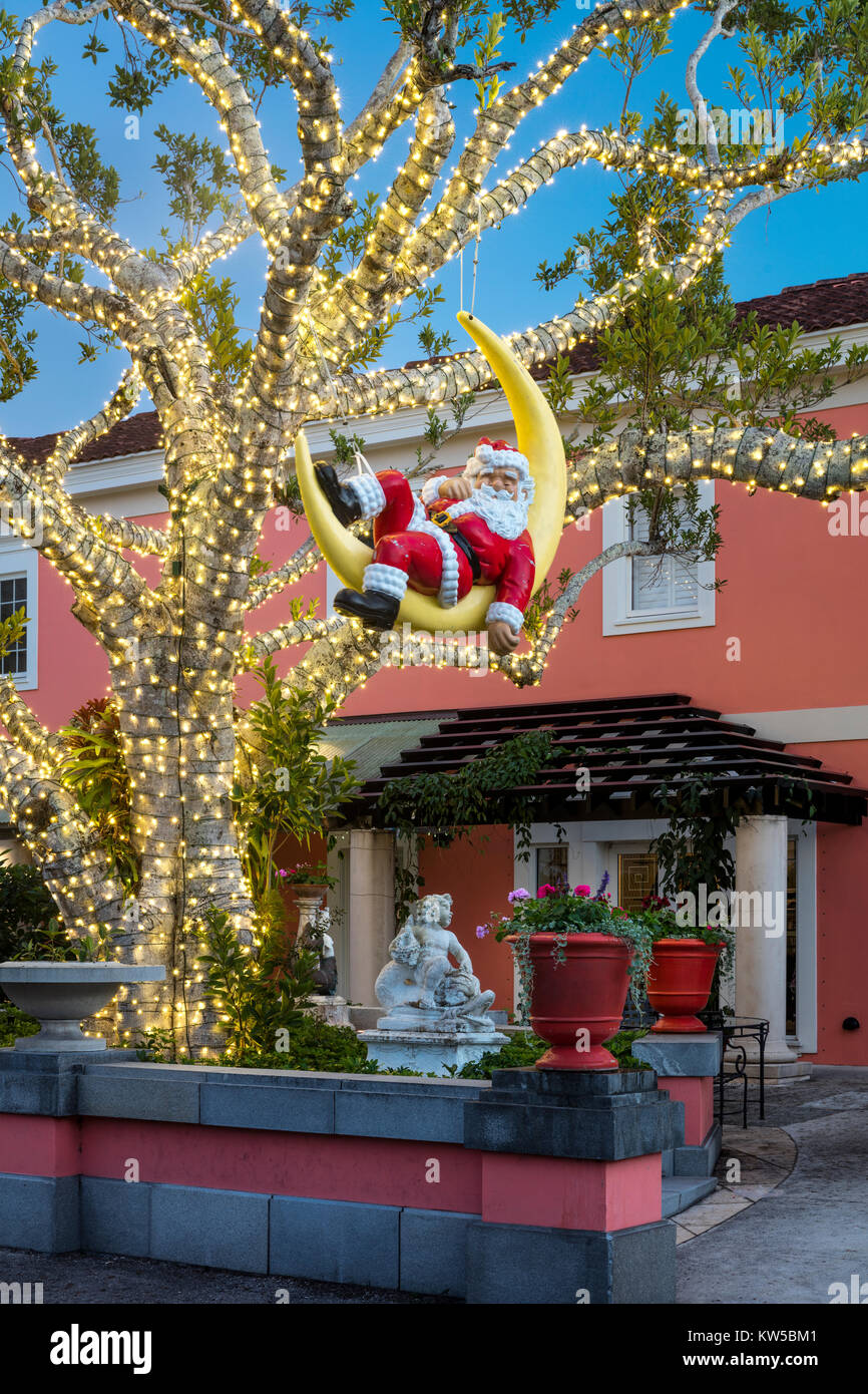Santa Claus dormir dans un arbre décoré à Noël, Naples, Florida, USA Banque D'Images