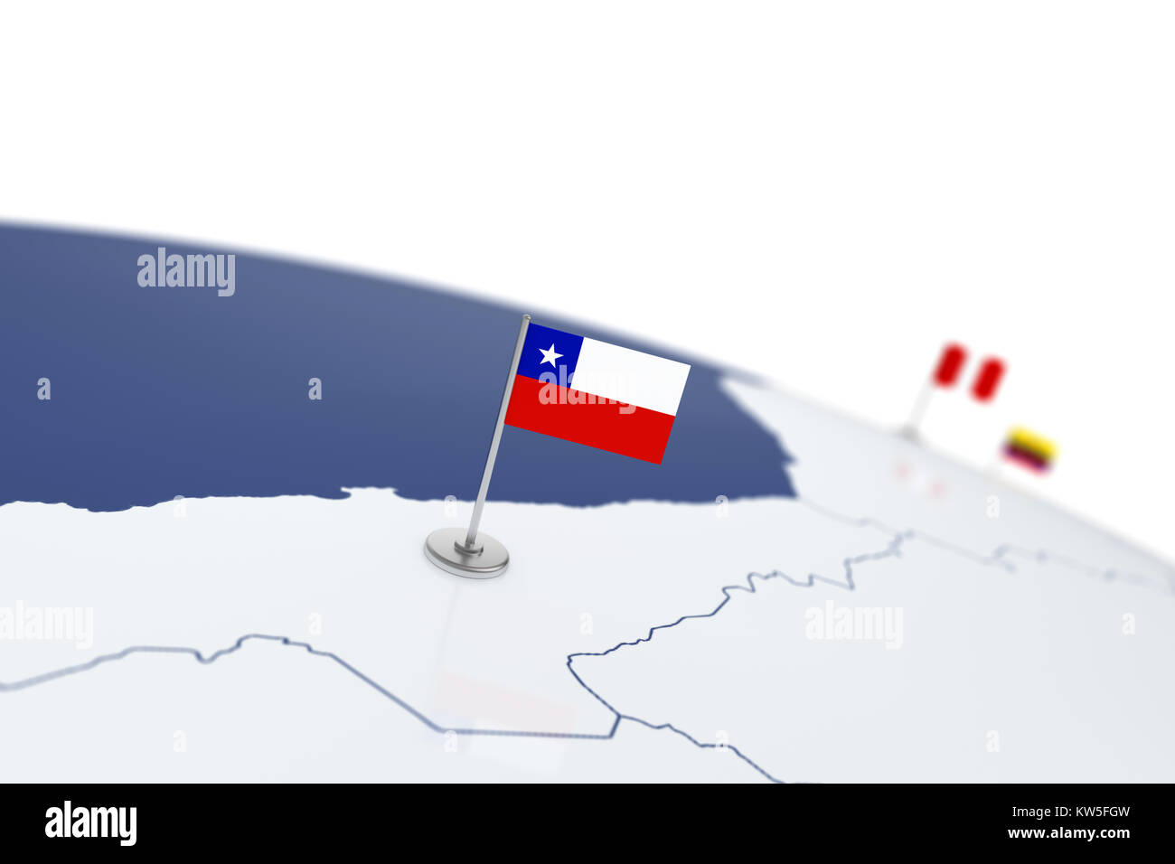 Drapeau du Chili. Drapeau du pays avec mât de chrome sur la carte du monde avec les frontières des pays voisins. Drapeau de rendu 3d illustration Banque D'Images