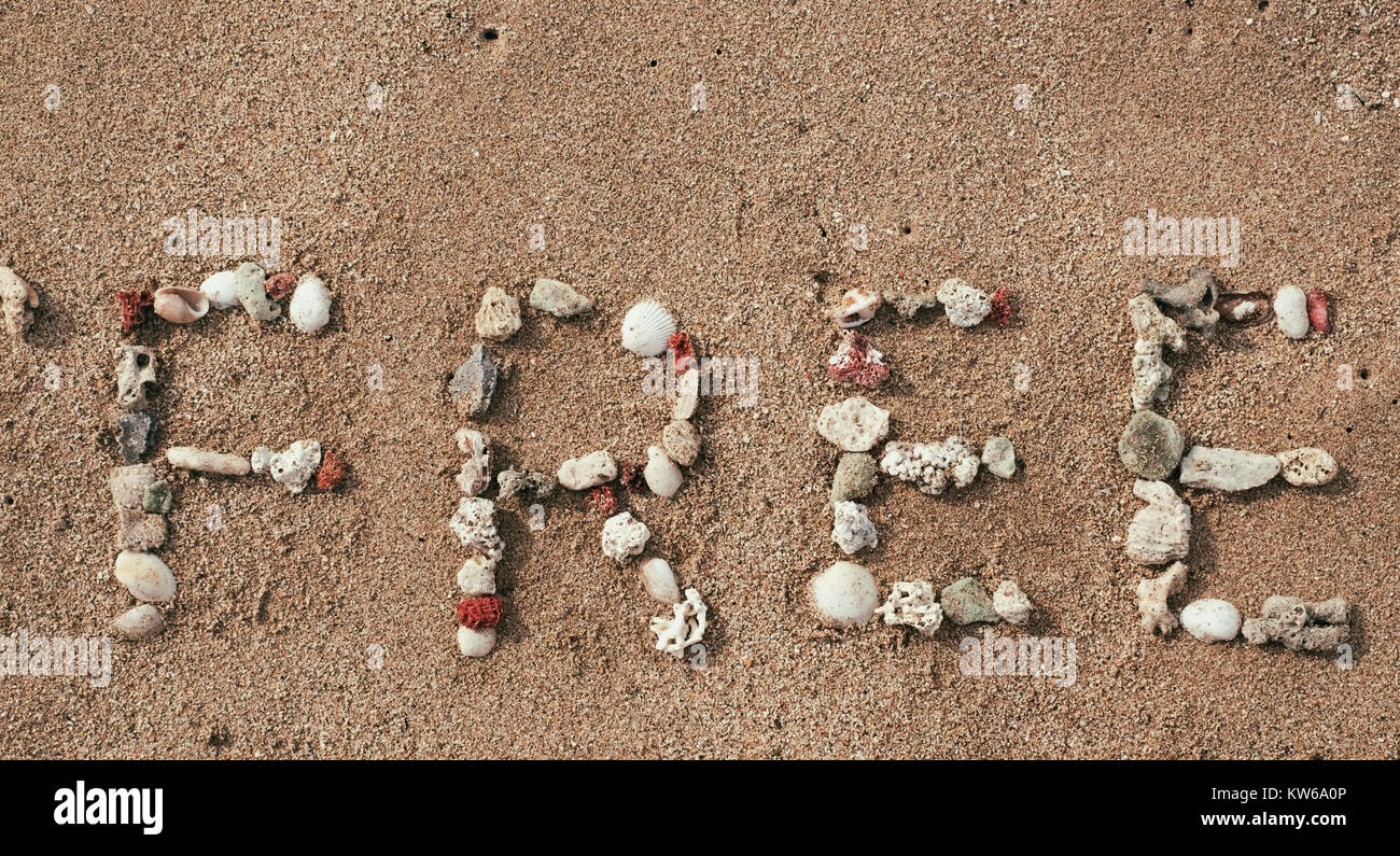 Mot gratuit fabriqués à partir de coquillages sur la plage de sable fin de l'été. Pour les ventes d'arrière-plan Concept Banque D'Images