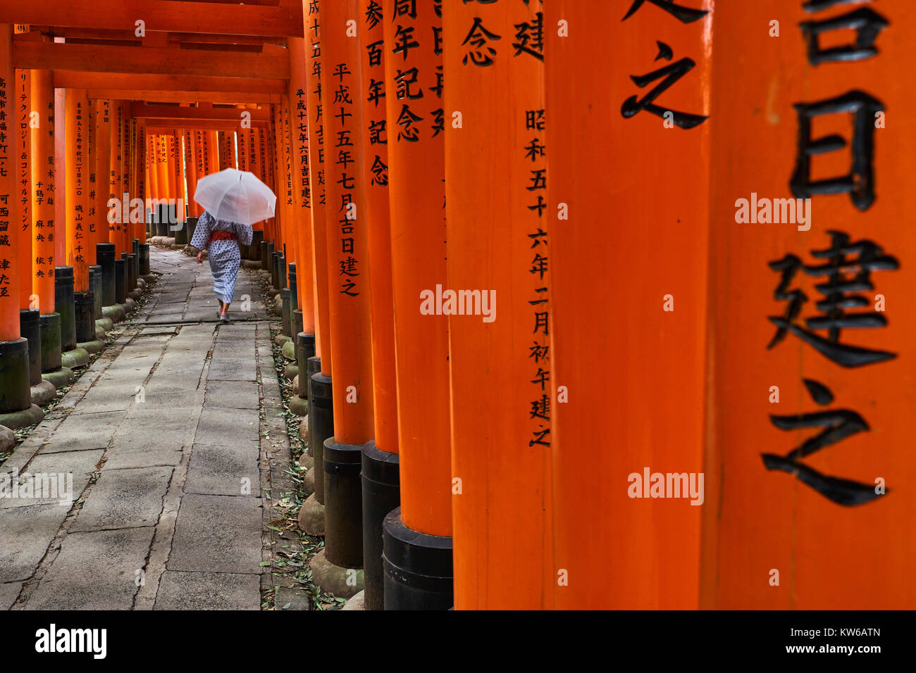 Le Japon, l'île de Honshu, Kansai, Kyoto, région, Arashiyama Fushimi Inari-Taisha Temple, sanctuaire Shinto torii, bordée de quilles Banque D'Images