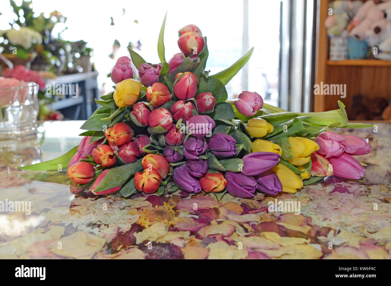 Une brassée de tulipes aux couleurs vives dans une chambre ensoleillée. Banque D'Images