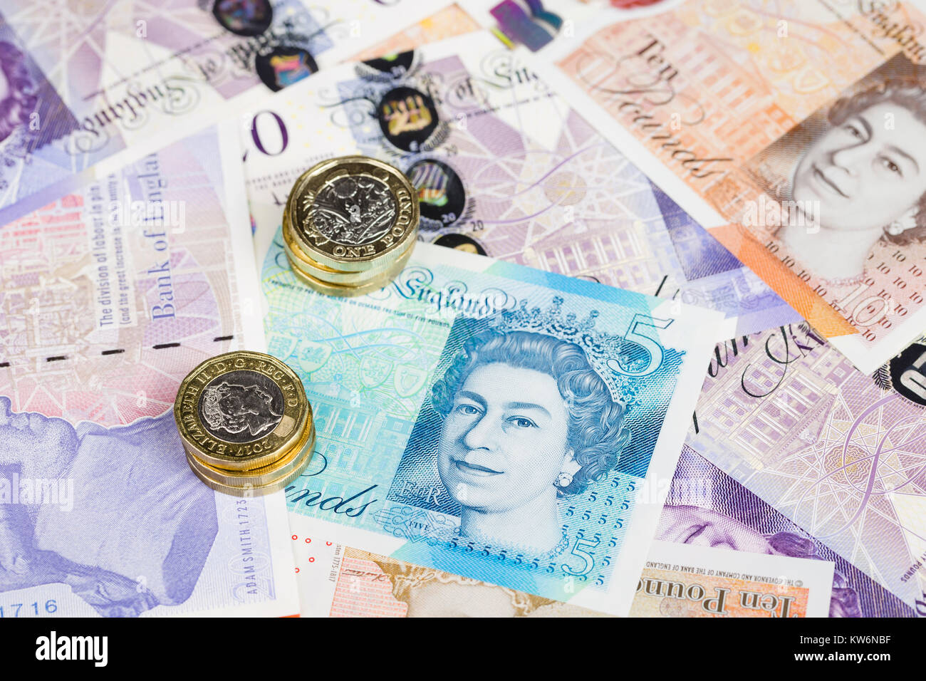 Les billets et pièces en anglais Banque D'Images