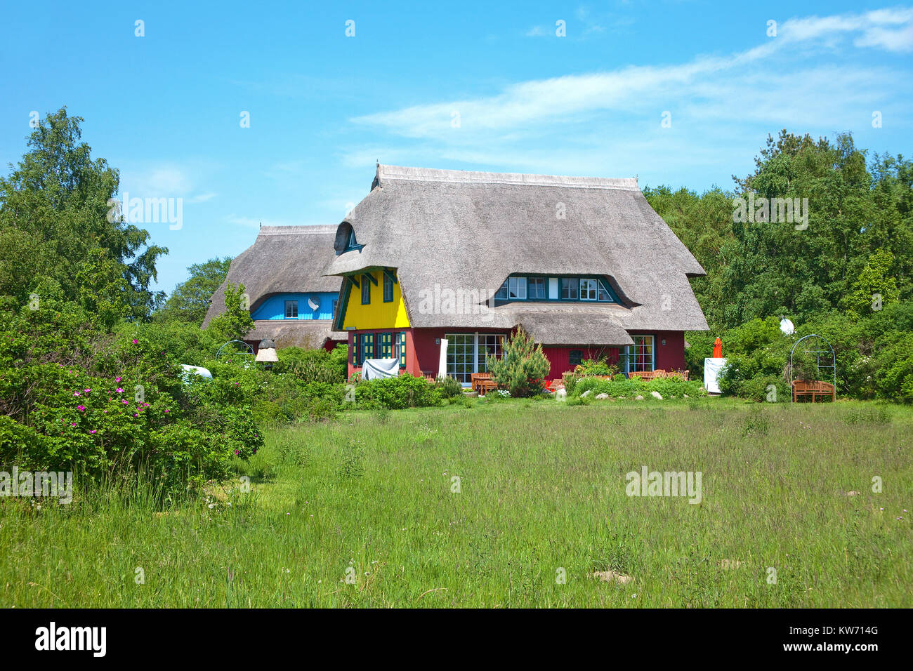 Maisons traditionnelles au toit de chaume à Fischland Darss, Wieck, Mecklembourg-Poméranie-Occidentale, de la mer Baltique, l'Allemagne, de l'Europe Banque D'Images