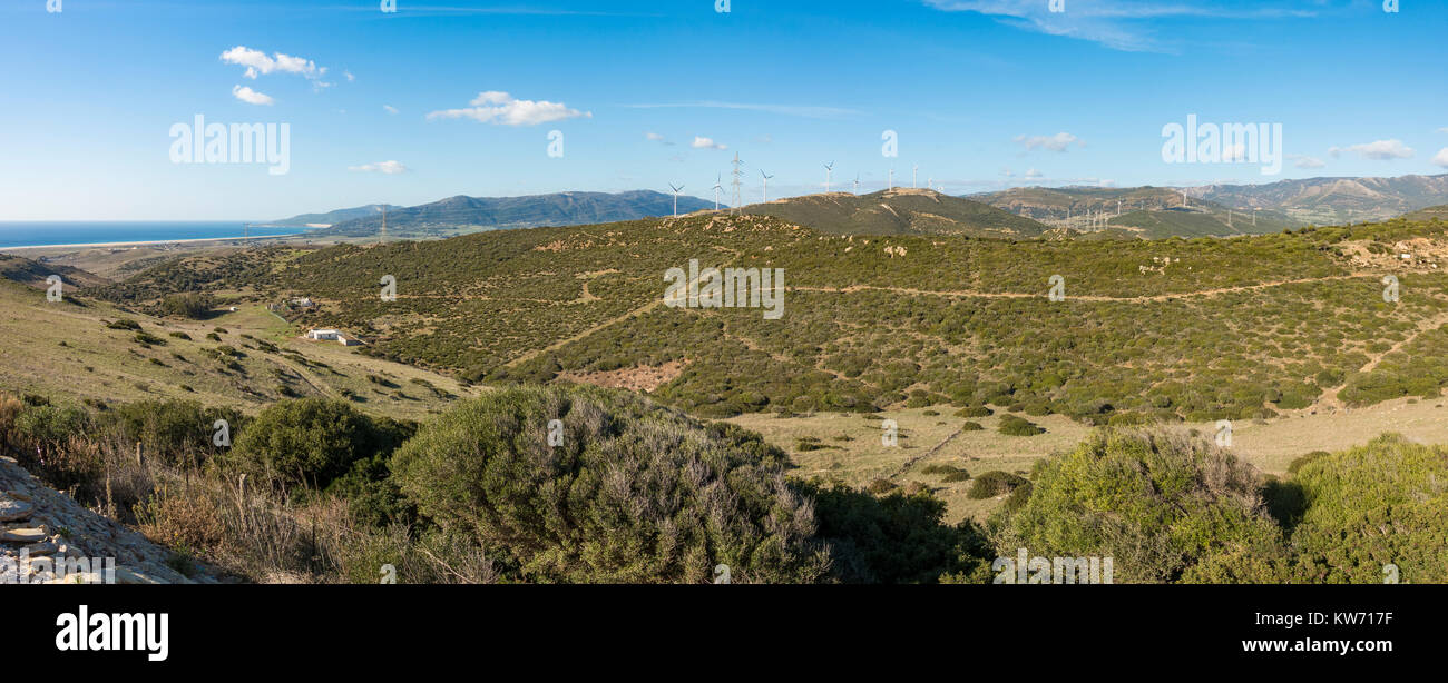 Vue panoramique à l'intérieur des terres, campagne de Tarifa, l'Observatoire d'oiseaux de Cazalla, avec les éoliennes, Tarifa, Andalousie, espagne. Banque D'Images