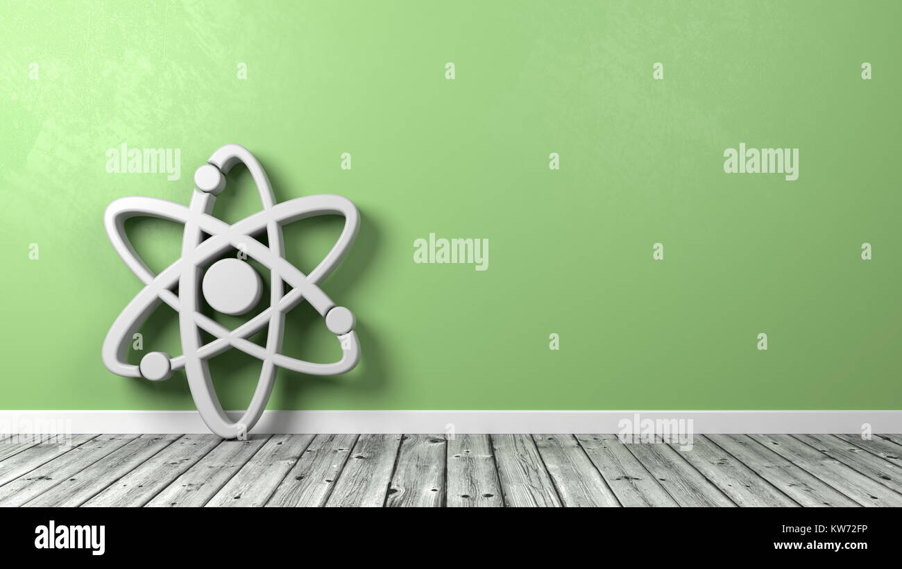 Atome blanc forme de symbole sur un plancher en bois contre le mur vert avec Copyspace 3D Illustration Banque D'Images