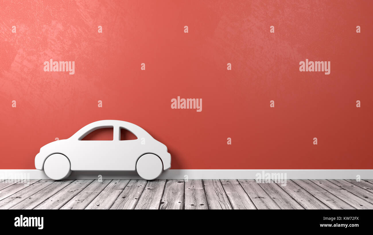 Voiture blanche forme de symbole sur un plancher en bois contre le mur rouge avec Copyspace 3D Illustration Banque D'Images