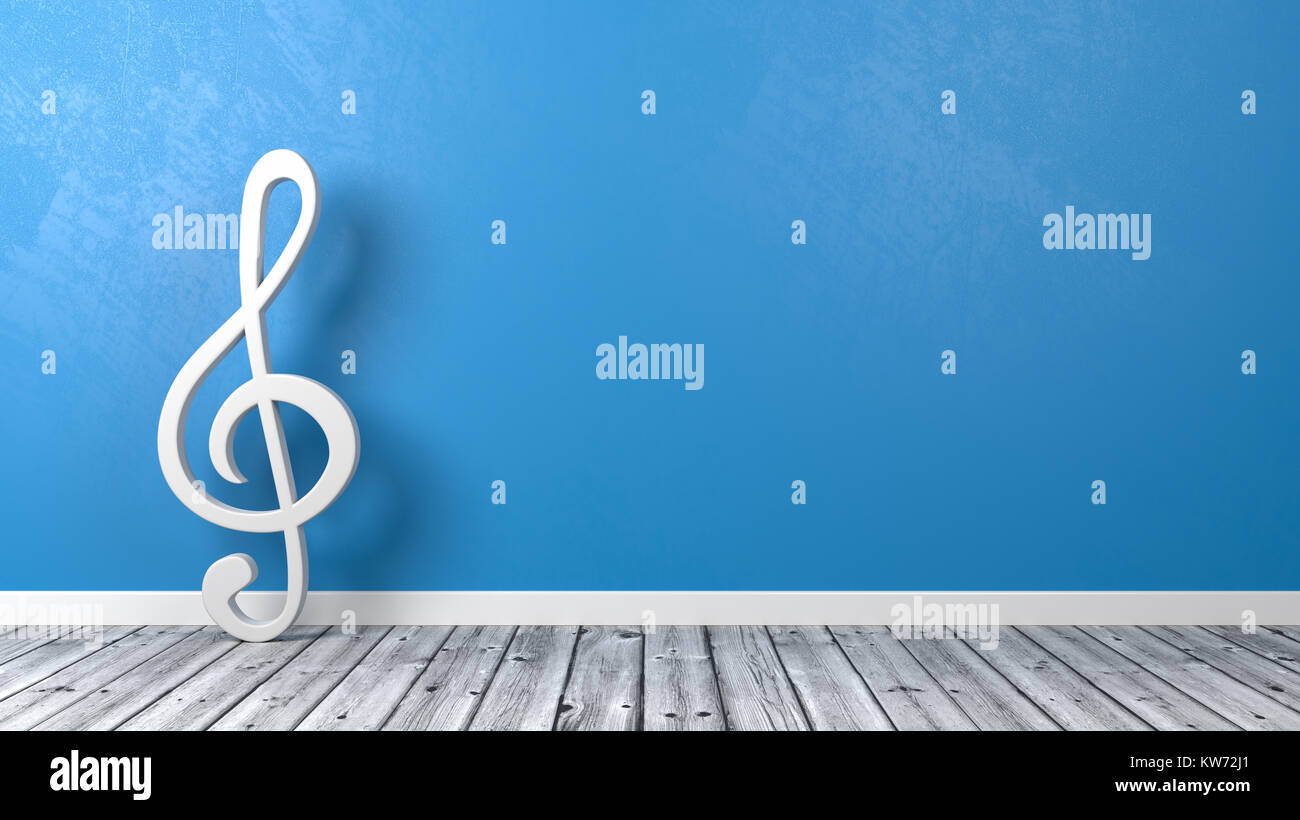 Violon Musique blanc forme de clef sur plancher en bois contre le mur bleu avec Copyspace 3D Illustration Banque D'Images
